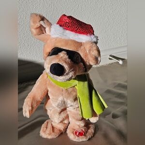 Chritmas Plush Toy Dog with Lime Green Scarf and Red Santa Hat Singing Dancing